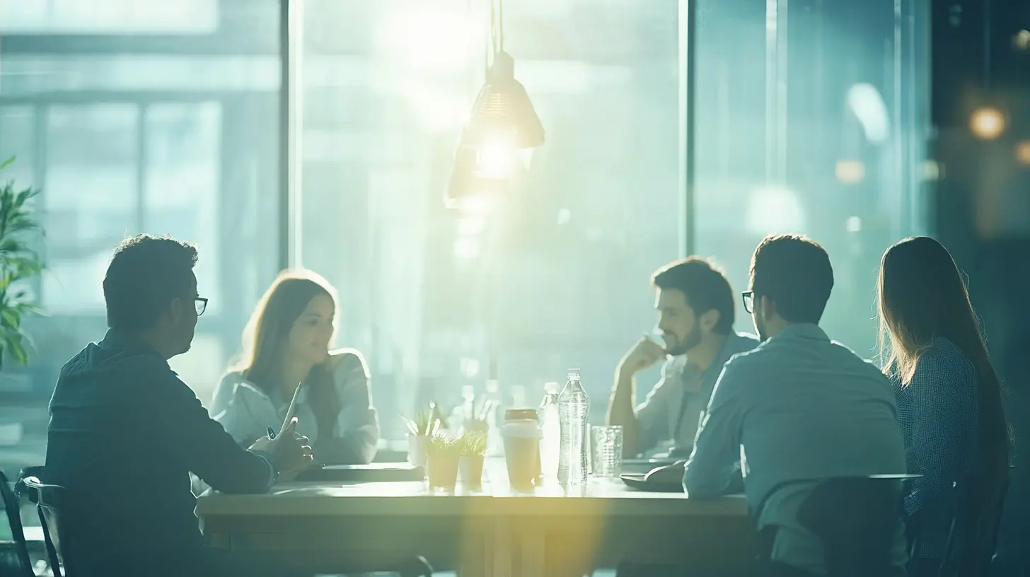 People listening to a presentation on Overview of Employee Retention around a conference table.