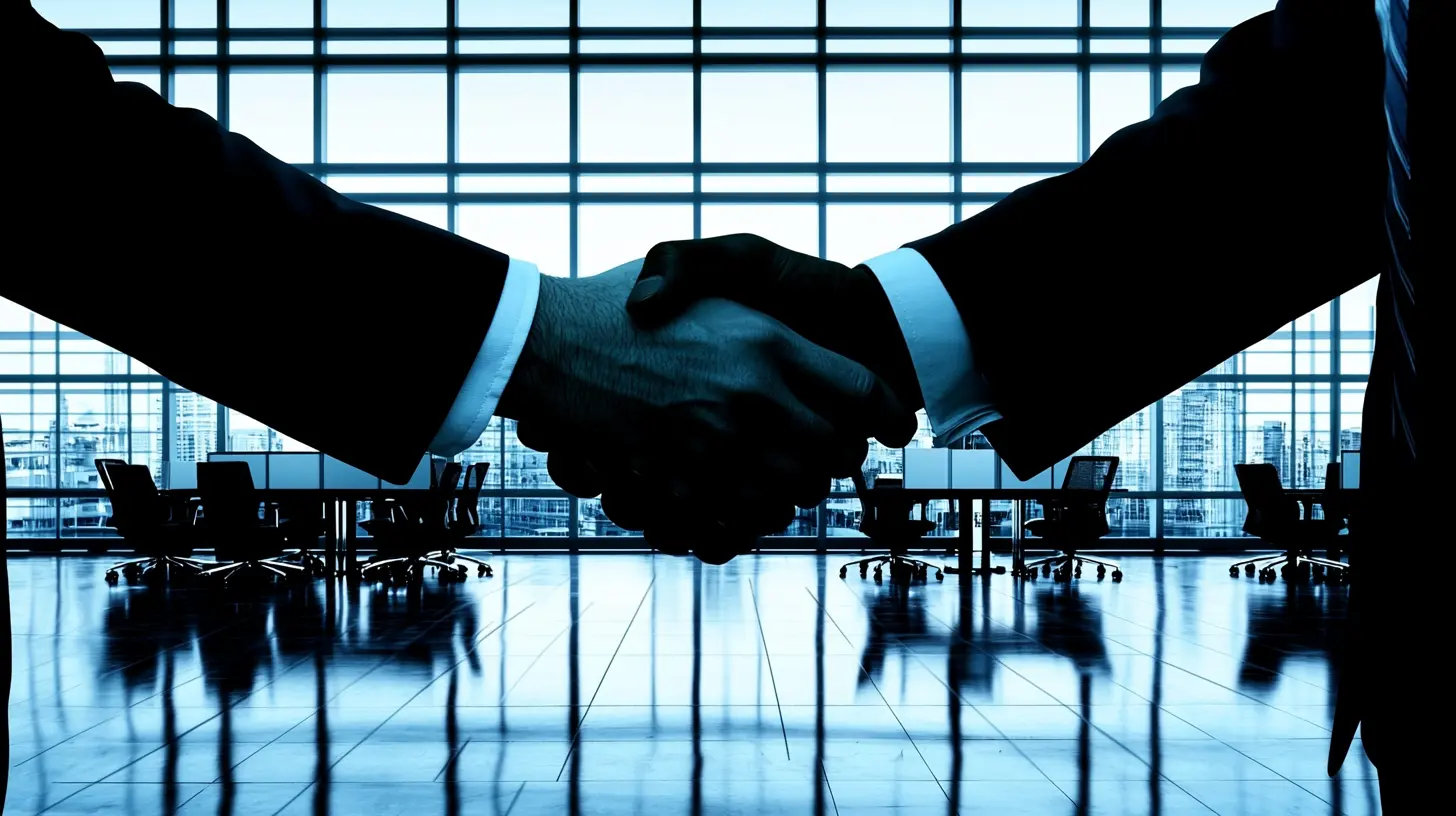 Two people in a business setting, shaking hands on recruitment methods.