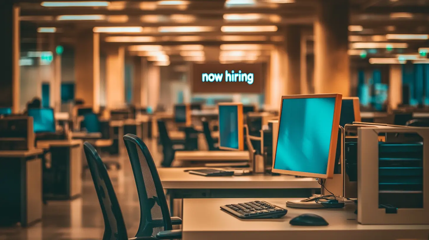 Empty desks in a modern office with a "now hiring" sign show to dangers of high turnover rates.