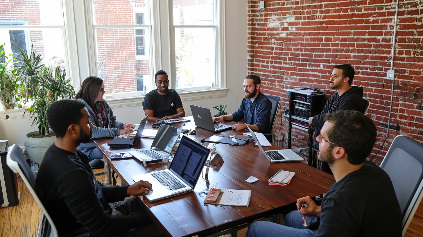 Diverse team discussing retention ratio and strategies in a modern, well-lit office setting.