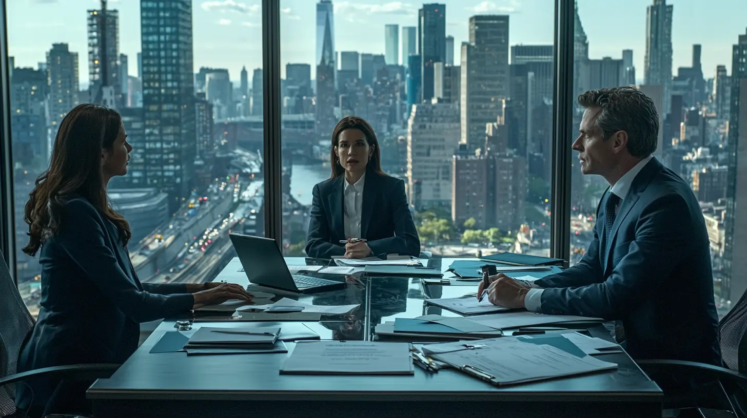 Two recruiters interviewing a candidate in a modern office for safer recruitment practices