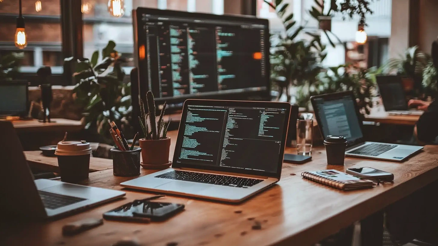 Laptops on a desk with someone working on Digital Transformation In Recruitment