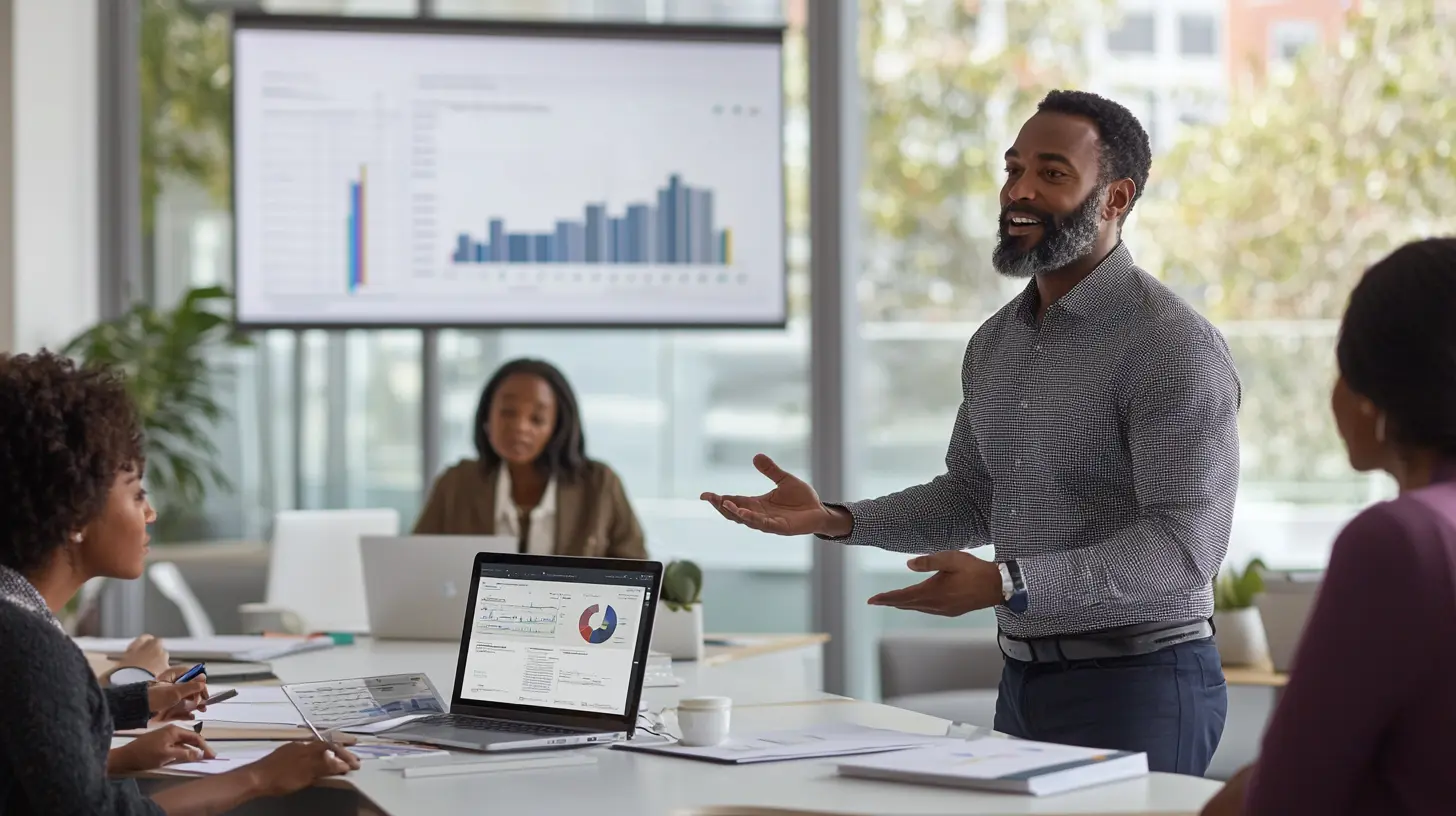 Professionals in a modern office discussing recruitment data analytics with data charts on a laptop.