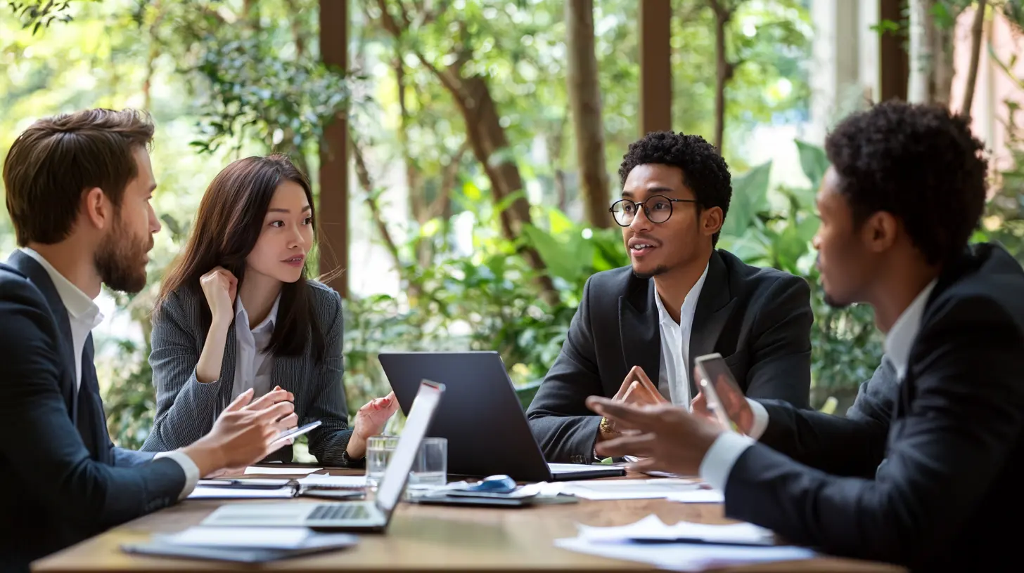 Diverse group in formal attire discussing the best recruitment model at a business meeting table.