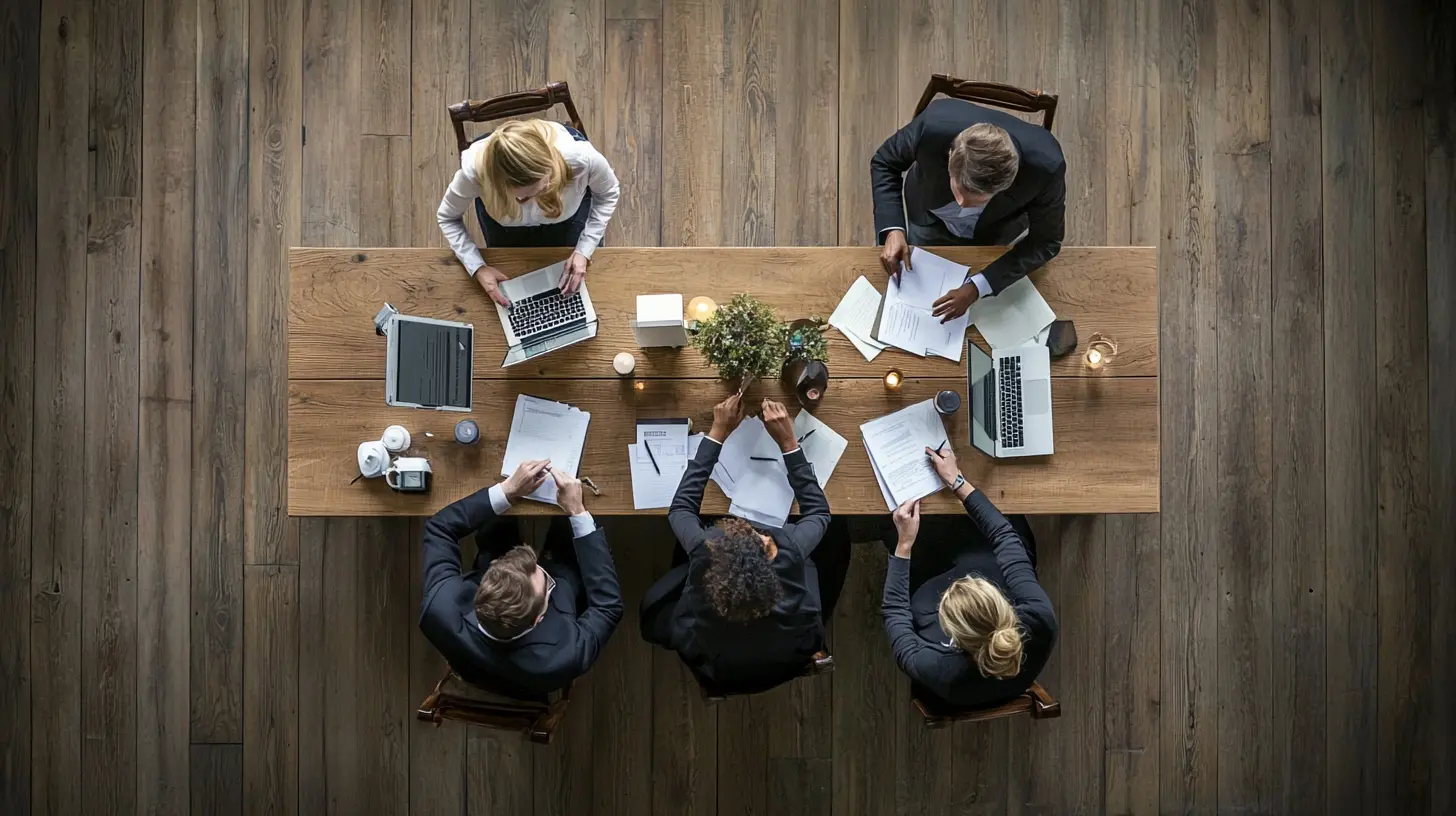 A diverse team discussing recruitment process at a modern office table with laptops and papers.